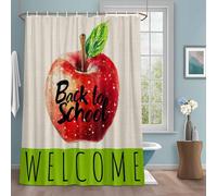 Welcome Back to School Shower Curtain with 12 Hooks Red Fruit Linen Texture Waterproof Fabric Shower Curtains Sets for Bathroom Bath Decorations, Machine Washable, 48"x72"