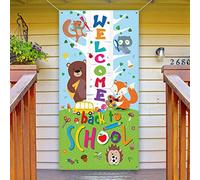 Welcome Banner, First Day of School Door Cover Woodland Animal Friends Photo Backdrop for Classroom School Party Decorations Supplies with Rope