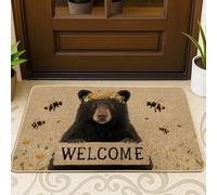 Welcome Bear Doormat, Black Bear Floral Entrance Mat for Outdoor & Indoor Use, Rustic Home Decor, Waterproof Non-Slip Dirt Trapper Doormat, Easy to Clean 29x17 Inch