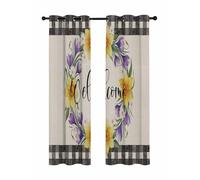 Welcome Blackout Curtains for Bedroom Living Room, Vintage Purple Yellow Floral Wreath Linen Texture 84 In Long Thermal Insulated Room Darkening Drapes Grommet Window Treatments, 52 x 84 In
