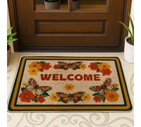 Welcome Butterfly Floral Doormat, Orange and Yellow Decorative Carpet for Spring & Summer Home Entrance, Non-Slip & Easy Clean Indoor/Outdoor Mats 29x17 Inch