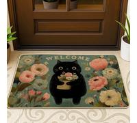 Welcome Cat Doormat, Black Kitty Floral Entrance Mat for Spring Decor, Indoor & Outdoor Non-Slip Absorbent Doormats, Easy to Clean 29x17 Inch