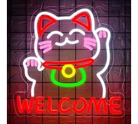 Welcome Cat Neon Sign for Wall Decor Dimmable Lucky Cat Business Neon Light Suitable for Store Shop Bar Restaurant Commercial Street Birthday Gift Size13*13In(CP012)