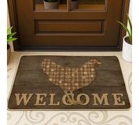 Welcome Chicken Doormat, Brown Plaid Hen Entrance Mat for Farmhouse Decor, Indoor & Outdoor Non-Slip, Water-Resistant Easy Clean Rug 29x17 Inch