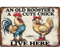 Welcome Chicken Vintage Metal Tin Sign Retro An Old Rooster And a Cute Chick Live Here Wall Decor, Farmhouse, Farm, Garden Decoration 12x8 Inches