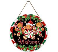 Welcome Christmas Gingerbread Man Front Door Sign, Rustic Wooden Wreath Indoor Wall Hanging Decoration, Stripes Holly Berry Holiday Wooden Wreath Indoor Wall Hanging Decoration 12 Inch