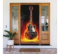Welcome Door Cover Decoration Door Banner Seasonal Porch Sign Blackout Privacy Doorway Curtain Burning Guitar Photo Background Window Curtain Shades Door Drape 72.8 x 35.4 in