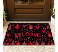 Welcome Door Mat, Bold Playful Hearts Flames Valentine's Day Red Rubber Non-Slip Welcome Entry Mat Entryway Decor for Front Porch Bathroom Office 29x17 Inch