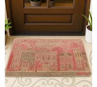 Welcome Door Mat, Homey Rustic Houses Trees Fall Red Washable Low Profile Back Doormat Home Decor for Entryway Outdoor Porch Balcony 29x17 Inch