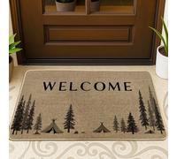 Welcome Door Mat, Nature Rustic Trees Tents Summer Brown Rubber Non-Slip Under Doormat Rug for House Office Outside Inside Entrance Decor 29x17 Inch