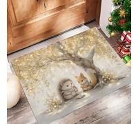 Welcome Door Mat Outdoor Indoor, White Non Slip Nice Shoes Doormat Low-Profile Absorb Mud Front Door Mats, The Little Hedgehog And Squirrel Play for Entrance Patio High Traffic Areas