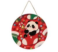 Welcome Door Sign Arches Christmas Red Panda Wooden Hanging Sign Round Wall Art Decor Rustic Front Door Hanger for Indoor Outdoor Farmhouse Home Porch Window Decor