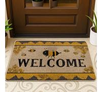 Welcome Doormat Bee Theme Yellow Honeycomb Black Bees for All Seasons, Rustic Style Entrance Mat, Non Slip and Easy to Clean, 29"x17"