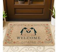 Welcome Doormat, Beige Penguin Door Mat for Outdoor & Indoor Entryway Spring Decor, Rubber Waterproof Non-Slip Dust Absorbent Front Mats, Easy Clean 29x17 Inch