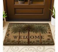 Welcome Doormat, Green Palm Trees Indoor & Outdoor Entrance Vintage Decor, Rubber Waterproof Non-Slip Dust Absorbent Front Mat, Easy Clean 29x17 Inch