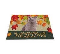 Welcome Fall With My Favorite Dog Cute British Shorthair Cat, Maple Leaf Harvest Season Floor Mats Funny Doormat Comfortable Bathroom Rug For Doorstep Kitchen Hallway 40X60Cm