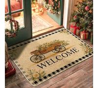 Welcome Floral Doormat, Beige Wagon Door Mat for Autumn & Holiday Decor, Rubber Waterproof Non-Slip Dust Control Entrance Mats, Easy to Clean 29x17 Inch