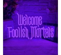 Welcome Foolish Mortals Neon Sign,Dimmable Spooky Gothic Purple Haunted Mansion Coffin LED Neon Signs for Wall Decor,USB Powered Led Neon Light for Haunted House Man Cave Halloween Party Birthday