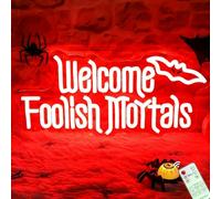 Welcome Foolish Mortals Neon Sign, Red LED Neon Light for Wall Decor Gothic Haunted Mansion Neon Light for Halloween Decor Party Man Cave