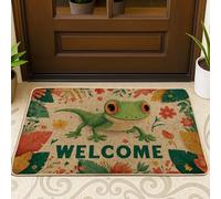 Welcome Gecko Doormat, Green Lizard Floral Outdoor & Indoor Entrance Mat, Non-Slip Dust Absorbent Rubber, Easy Clean Spring Decor 29x17 Inch