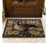 Welcome Goose Doormat, Black & White Checkered Floral Rug for Outdoor & Indoor Entryway Home Decor, Non-Slip Eco-Friendly Dust Absorbent Mat, Easy to Clean 29x17 Inch