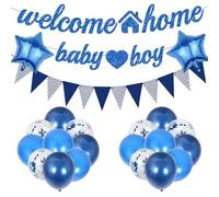 Welcome Home Baby Boy Banner - 22 Pcs Blue Welcome Home Decorations Glitter Banners Pennant Confetti Latex Balloons for Baby Shower Gender Reveal Newborn Birthday Themed Party Supplies
