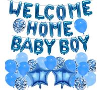 Welcome Home Baby Boy Decorations - 38 Pcs Blue Banner Foil Balloons Star Latex Balloon Decoration Set for Boy Newborn Welcome Back Home Birthday Party Decor Supplies