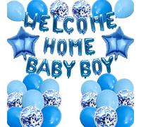 Welcome Home Baby Boy Decorations - 44 Pcs Baby Shower Balloons Blue Letter Banner Sequined Star Balloons for Boy Newborn Birthday Homecoming Theme Party Supplies