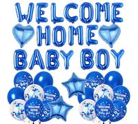 Welcome Home Baby Boy Decorations - Blue Baby Shower Decoration Letter Star Heart Foil Balloons, Confetti Latex Balloon for Family Birthday Boys Newborn Party Supplies
