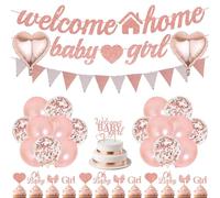 Welcome Home Baby Girl Decorations - 23 Pcs Party Balloons Rose Gold Triangle Banners Cupcakes Large Cake Topper Heart Foil Latex Glitter Balloons for Girls Baby Shower Welcome Back Party Supplies