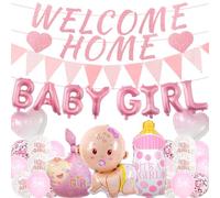 Welcome Home Baby Girl Decorations - 33 Pcs Pink Glitter Banner Set | Pink Glitter Banner Foil Balloons Confetti Latex Balloons for Girls Baby Shower Gender Reveal