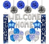 Welcome Home Baby Shower Decorations - 32 Pcs Blue Silver Banner Letter Foil Balloons Pompoms Door Curtain Balloon Set for Boys Baby Shower Welcome Home Gender Reveal Party Decoration