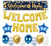 Welcome Home Banner Decorations Backdrop - Welcome Home Balloons Large Yard Banners, Military Relatives Returning Housewarming Background Decor for Homecoming Family Party Indoor Outdoor (Blue gold)
