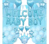 Welcome Home Decorations Baby Boy - Aurmonigo Blue Balloons Letter Star Crown Heart Foil Latex Balloon Bunting, Tinsel Curtains Party Decoration for Baby Shower Birthday Family Party
