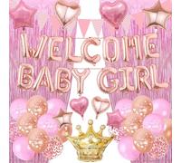 Welcome Home Decorations Baby Girl - Pink Rose Gold Balloons Letter Star Heart Crown Foil Latex Balloon Bunting, Tinsel Curtains Party Decoration for Baby Shower Birthday Family Party