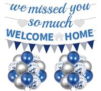 Welcome Home Decorations Balloons Banner - 28 Pcs Blue Welcome Home Banner, We Will Missed You Banners Blue Sliver Latex Balloon for Housewarming Homecoming Family Baby Shower Party Supplies