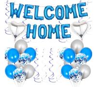 Welcome Home Decorations Balloons Banner - 43 Pcs Blue Silver Welcome Home Banners Hearts Foil Balloons Twin Tails Spiral Swirls for Homecoming Family Military Relatives Returning Party Decor