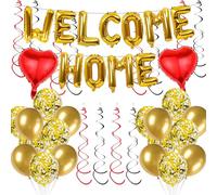 Welcome Home Decorations Balloons Set - 43pcs Gold Welcome Home Balloons Banner Set Heart Shaped Foil Balloon Sequin Balloon Double Spiral Swirl Party Supplies
