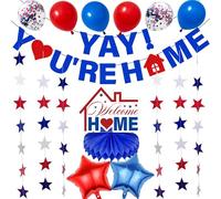 Welcome Home Decorations Banner Balloon - 13 Pcs Pre Strung Yay You're Home Glitter Banners Honeycomb Garlands Star Foil Balloons for Military Family Reunion Homecoming Party Supplies