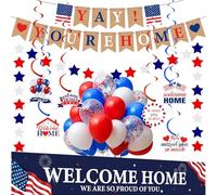 Welcome Home Decorations Banner Balloons - 40 Pcs Red Blue Welcome Home Banner Hanging Swirls Star Garlands Confetti Balloon for Women Men Back To School Military Army Returning Party Supplies