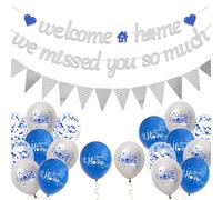Welcome Home Decorations Banner Kit - We Missed You So Much Garland Bunting Balloon Blue Silver, Home Sign Balloons for Military Return Welcome Back Party Supplies