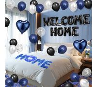 Welcome Home Decorations Black Blue Silver Welcome Home Balloon Banner with Heart Balloons Blue Artificial Rose Petals 24 Flameless LED Candles for House Warming Baby Shower Family Party Supplies