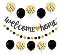Welcome Home Decorations - Black & Gold Glitter Welcome Home Banner with Balloons and Circle Garland - Welcome Back Banner Set for Homecoming Party Supplies