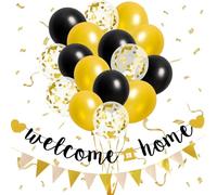 Welcome Home Decorations, Black Gold Welcome Home Balloons Banners Set Pennant Flag Bunting Welcome Home Confetti Balloon welcome home kit for Home Family Baby Shower Welcome Back Party Supplies