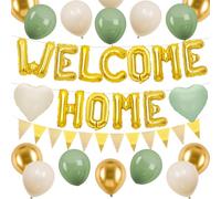 Welcome Home Decorations Green Gold,Gold Welcome Home Foil Balloon Banner with Sage Green White Heart Balloons Pennant Flag Bunting for Baby Shower Home Family Party Supplies