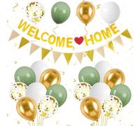 Welcome Home Decorations,Green Gold Welcome Home Balloons Banners Set,Welcome Home Glitter Banner with Confetti Balloons,Pennant Flag Bunting for Home Family Baby Shower Welcome Back Party Supplies