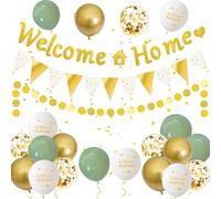 Welcome Home Decorations,Green Gold Welcome Home Banners Balloons Set,Welcome Home Banners Bunting Flags Garlands for New Home House Warming Welcome Back Family Baby Shower Party Supplies (Green Gold)