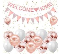 Welcome Home Decorations - Rose Gold Welcome Home Banners Set with Rose Gold Balloons, Glitter Bunting Banner, Family Party Decoration