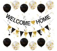 Welcome Home Decorations, Welcome Home Banners, Black Gold Welcome Home Banner Set, 1 Triangle Flag + 1 Alphabetical Flag + 6 Spiral Sequin Stars + 12 Balloons for Party Decoration
