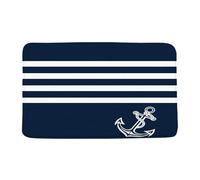 Welcome Mat Navy Blue White Anchor Stripes, Nautical Coastal Beach Theme Low Profile Entrance Rug Anti-Slip Porch Rug For Garage Bathroom Indoor